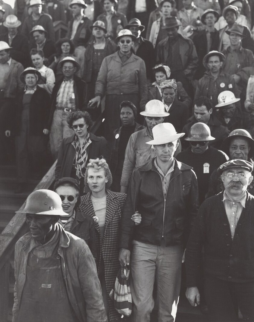 End of shift, 3:30, shipyard construction workers, Richmond, California
