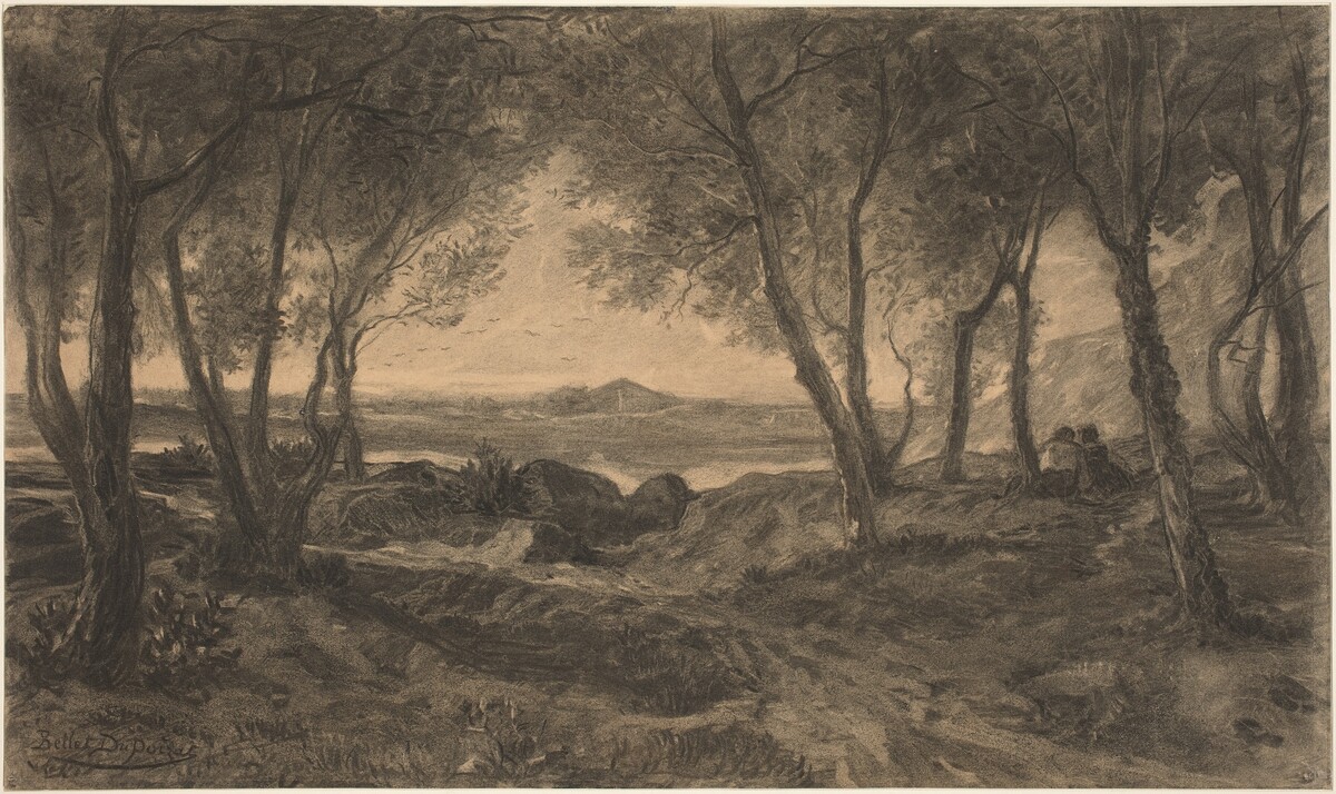 A Couple Seated among Trees above a Lake