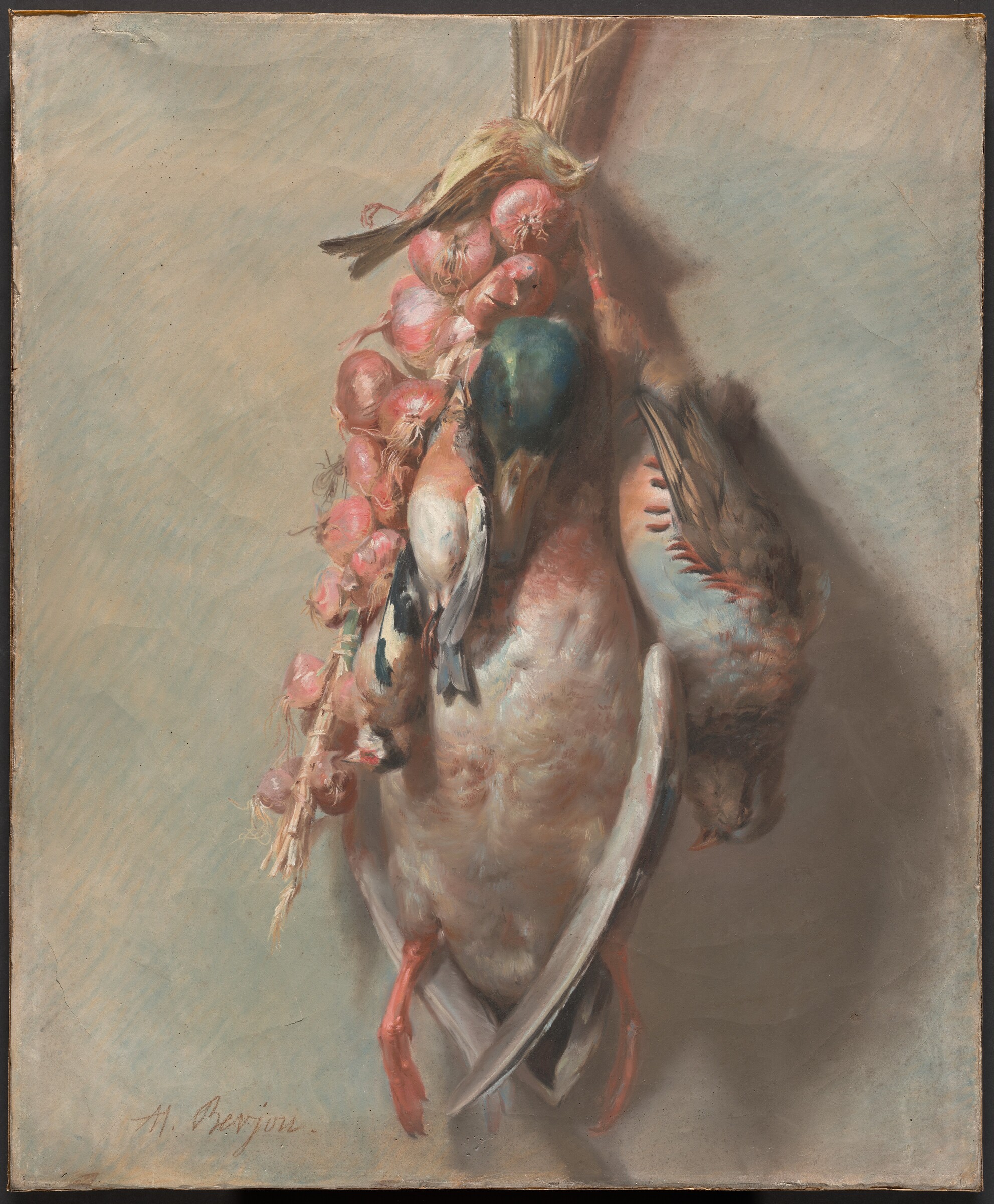 Hunting Trophy with Mallard, Partridge, Goldfinches, and Onions, Antoine Berjon, c. 1810