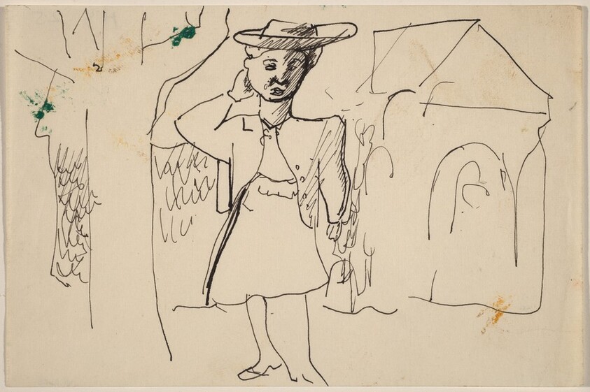 Woman Outdoors, Standing between a Tree and a Building