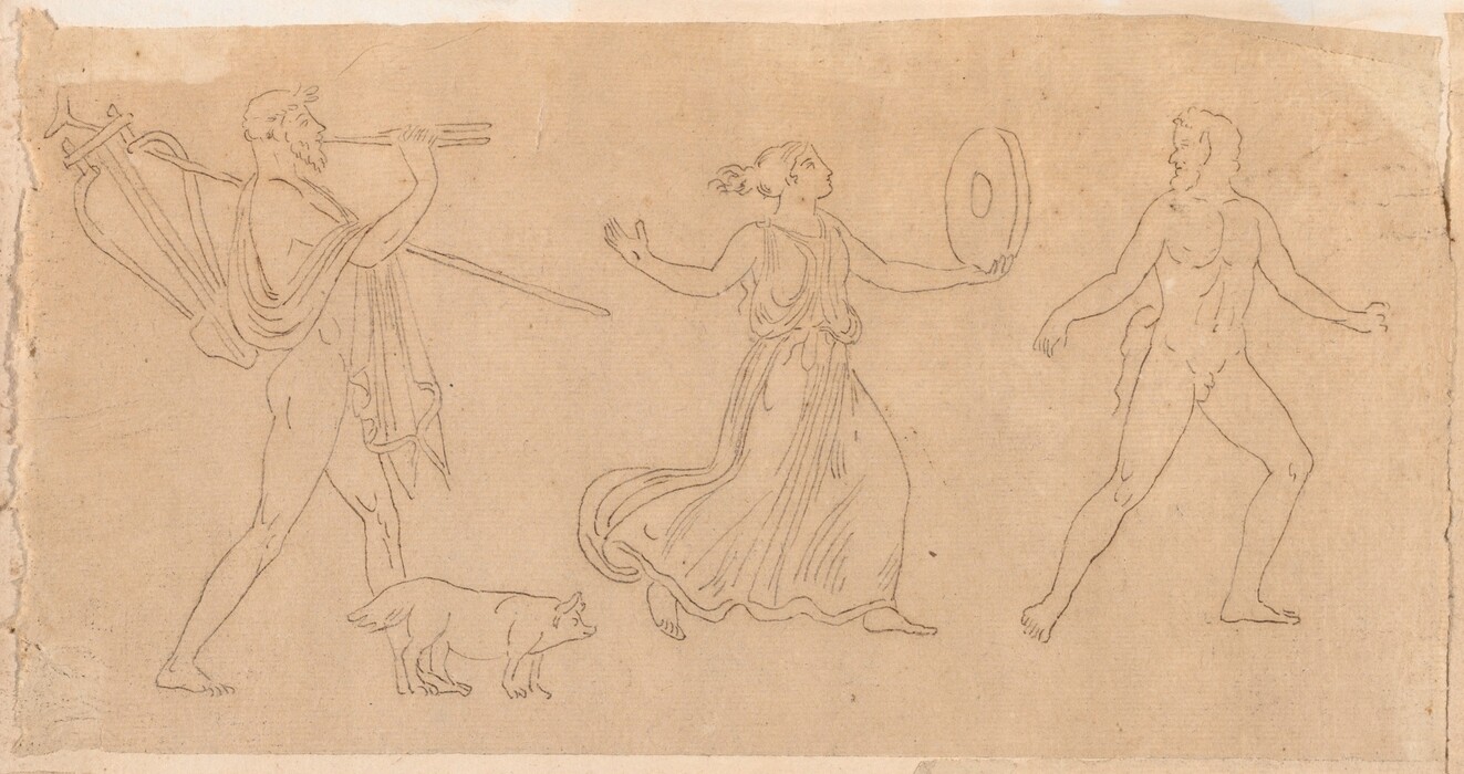 This is an image of three mythological figures. The drawing shows three individuals engaged in a scene of music and dance. One man holds a lyre and an animal, a woman holds a circular object, possibly a tambourine, and another man is nude. The figures are depicted with simple and precise line work and minimal shading, giving a sense of movement and fluidity. The bearded man on the left appears to be playing a double pipe with a small animal beside him. The central female figure wears a flowing dress and dynamic pose. The nude male figure to the right has one leg slightly raised. The style is reminiscent of classical antiquity with an emphasis on elegance and mythological themes.