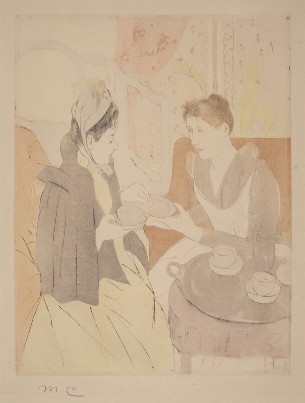 Two women sit next to a table holding a tray with tea cups and saucers in this faintly colored, vertical drypoint and aquatint. Faint black lines outline the women, their features, clothing, and objects in the room, and each area is filled in with a flat, very pale color. The women face each other and take up most of the composition. The women’s skin is the color of the cream-white paper, and both have oval faces, rounded noses, and their hair is pulled up and back. The woman to our right has brown hair and leans forward as she holds up a barely gray plate with her right hand, closer to us. The other hand rests on the arm of her tan-brown chair. Her dress has a bodice and long skirt the color of the paper with smoke-gray, long sleeves and fabric covering her chest and tucked into the low, rounded neckline. The other woman wears a cap over black hair. Also the color of the paper, the hat has the hint of celery-green feather and is tied in a bow under the chin. She wears a hip-length, nickel gray cloak over a pale, sage-green dress. She looks down at the plate and holds what might be a cookie or biscuit with one hand and a cup and a dish-like saucer with the other. Her lips are downturned and her head pulled slightly back to create a double chin. She sits upright in another brown chair. In the lower right corner of the sheet, the round gray table is barely bigger than the round gray tray it holds. On it are two more cups and saucers and a jug, presumably holding milk. What might be another cup-and-saucer set or the teapot is cut off by the right edge of the paper. An ice-white screen with openings across the top stands to the left behind the second woman, and a window is behind the first. Lemon-lime green, spiky fronds of a houseplant angle up across curtains tinged pink. A blush-pink curtain is pulled to the left side, and squiggles and flowers printed in rose pink suggest patterns on all the curtains. The artist's initials are written in graphite under the lower left corner of the printed image, “MC.”