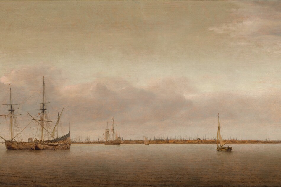 Painted in tones of beige, cream white, and pecan brown with hints of shell pink and faint blue, a few sailboats float in a calm body of water with a harbor and a town deep in the distance along the horizon, which comes about a quarter of the way up this painting. Rippling gently across the foreground, the water reflects the pale blue sky and blush pink of clouds above. To our left, two masted ships with sails furled have pulled up alongside each other. A smaller boat sails to our right and a few more are spaced sparsely along the waterway leading to the town. Painted as a dense forest of spiky masts, the harbor in the far distance is full of boats along a town that stretches nearly the width of the panel. Tiny in scale, there are a few windmills and slate-gray towers for churches, town halls, and other buildings.