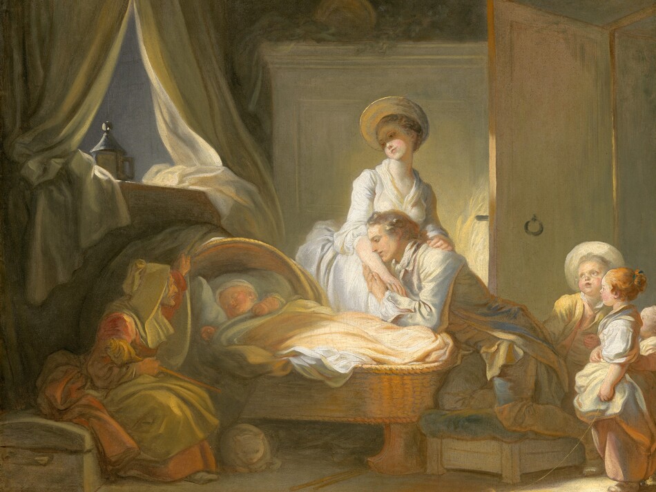 Two women, a man, and three small children gather around a baby sleeping in a wicker cradle near an open window in this horizontal painting. The people all have pale skin with rosy cheeks. The cradle is just to left of center of the composition. It has a half canopy to shade the baby, and it sits on rockers. The baby sleeps with chubby arms over the covers tucked around the body. A woman sits on a low chest next to and on our side of the crib, near the lower left corner of the canvas. She has a prominent nose and jutting chin. She wears an oatmeal-brown bonnet and apron, and a muted red dress. She holds a staff with fabric or a spindle at the top tucked in one elbow, and the other hand rests on the canopy. A white cat lies like a loaf next to her feet. On the far side of the crib, a clean-shaven man kneels on a low platform covered by a pillow at the foot of the cradle and leans into the arms of a standing young woman. The man has a pointed nose and rounded chin, and he looks with heavy-lidded eyes at the baby. His long gray hair is tied at the nape of his neck, and he wears an ice-blue and tan long-tailed coat, breeches, and stockings. He rests one cheek against the arm of the woman who stands at his far shoulder. Her body faces the man, and she rests her other hand on his shoulder as she turns to look at the baby. A round, broad-brimmed hat casts a shadow over her delicate nose and round cheeks, and she wears a white dress with elbow-length sleeves and a full skirt. Three children stand behind the man’s feet and along the right edge of the canvas. The child closest to us has carrot-orange hair tied in a bun with a blue ribbon. She wears a white, puffy-sleeved shirt, and a parchment-white apron bunched over a pale pink skirt. She faces our left in profile, looking at the man, and holds one end of a ball of yarn that has rolled away from her. The boy behind her stands with his body facing us as he looks up and to our left. He wears a yellow jacket and a broad-brimmed hat pushed back on his head. Only the forehead and eyes of an even smaller child standing behind this pair are visible. Voluminous curtains part to either side of a window at the head of the cradle, near the upper left corner of the composition. An unlit lantern sits on the sill, and the sky beyond is dusk-blue. Bright light shines into the room, especially onto the man and woman and three children. A piece of furniture, perhaps a wardrobe, is on the far wall behind the woman, and the door to the room is open behind the children.