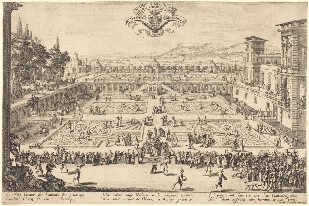 The image is an engraving of a formal garden scene from an elevated perspective. The horizon is in the upper third of the image. The garden has geometric designs filled with people engaging in leisure activities. The structures have intricate architectural details and frame the central area. There are more architectural elements and distant hills on the horizon. The composition has a monochromatic color palette typical of engravings, with a variety of tones enhancing the textures and linework. The illustration is detailed with fine contours capturing the location's grandeur and leisurely scene. Figures are walking, conversing, and enjoying the space, creating a bustling atmosphere.