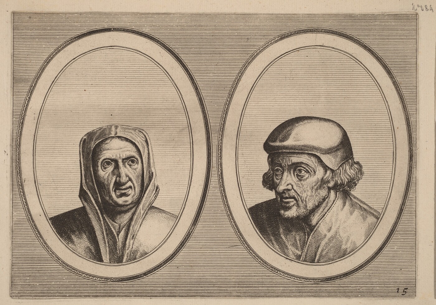 The image shows two male portraits side by side within oval frames. The man on the left has a hood framing his face, with prominent facial features and an intense expression. The man on the right wears a cap, with curly hair seen beneath, and has a contemplative expression. Both men wear robe-like clothing. The background has lined patterns within and outside the oval frames. No jewelry or objects are visible.