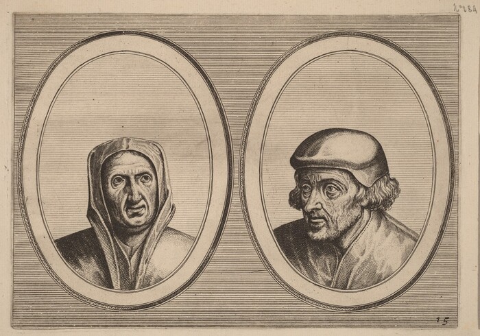 The image shows two male portraits side by side within oval frames. The man on the left has a hood framing his face, with prominent facial features and an intense expression. The man on the right wears a cap, with curly hair seen beneath, and has a contemplative expression. Both men wear robe-like clothing. The background has lined patterns within and outside the oval frames. No jewelry or objects are visible.