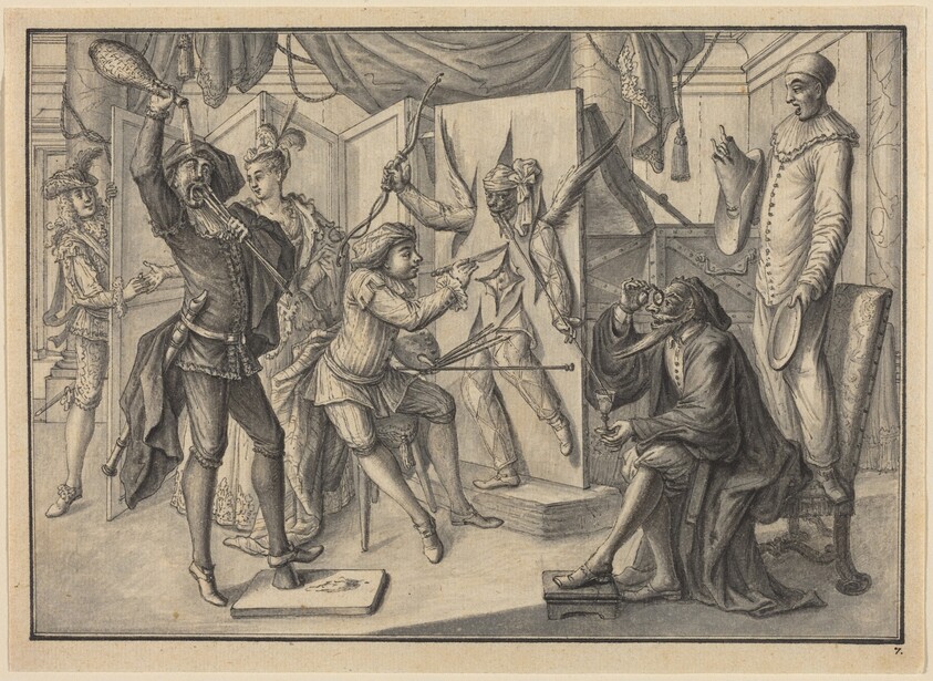 Mezzetin "Paints" a Portrait of Cupid by Cutting the Canvas to Reveal Harlequin