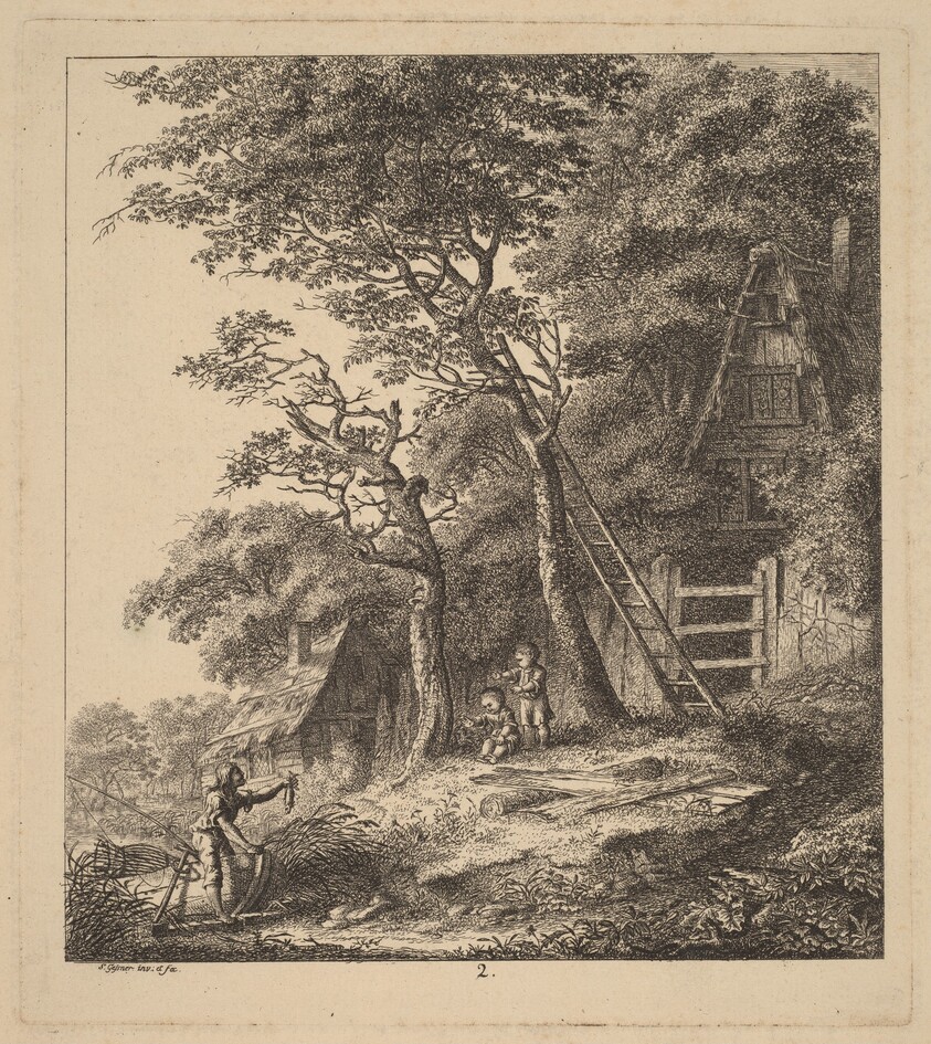 A Fisherman and Two Children in a Landscape with Thatched Cottages