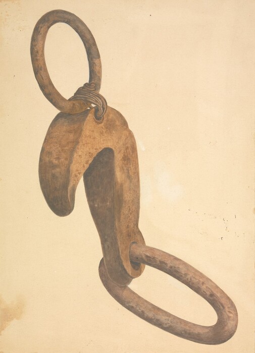 The image shows a large brown metal chain with a hook in the center. The color palette is muted with earthy tones of brown and beige. The chain consists of two large oval links connected by a curved hook. One link is attached to the hook at the top, and the other link extends below the hook. The background is a plain, light beige color, emphasizing the chain and hook in the foreground.