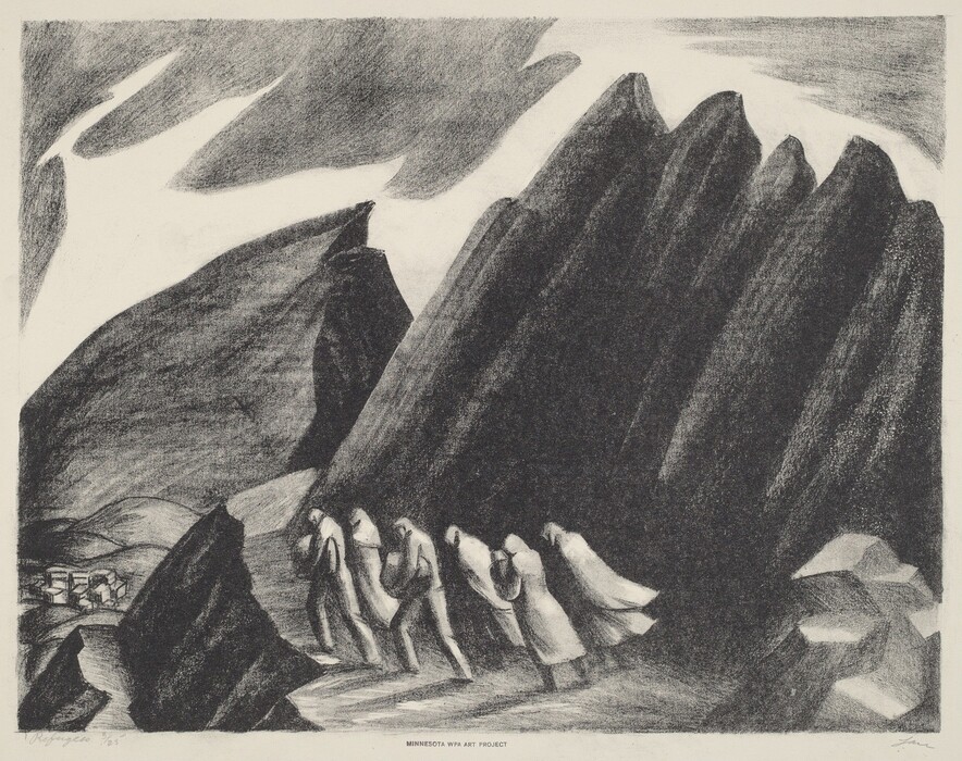 The image shows a group of figures walking up a rocky path with towering rock formations dominating the scene. The brushstrokes are bold, creating a contrast between light and shadow. The color palette is monochromatic with shades of black, white, and gray. The figures are outlined and walking in single file. In the distance, the rock formations continue, and to the left, there are buildings among rolling hills.