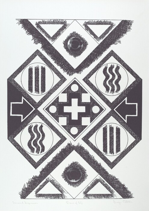 The image shows a series of geometric shapes and lines arranged in a symmetrical pattern. It includes squares, triangles, and circles, with diamond shapes separated by bold, textured lines. Inside the diamonds are circular shapes with vertical and wavy lines. At the center, a cross is surrounded by four small circles. Arrows pointing inward are positioned at the middle sides of the composition.
