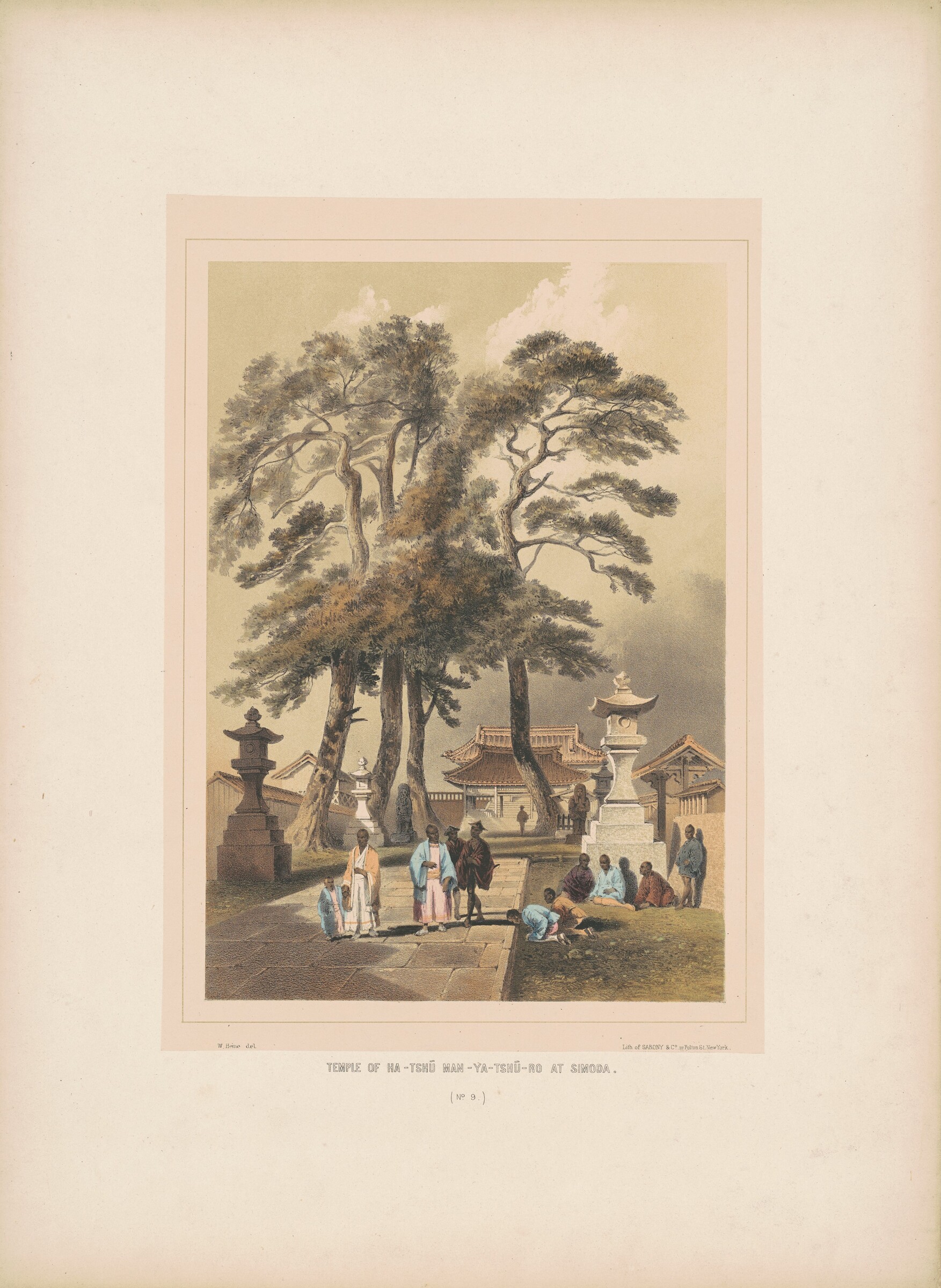 Temple of Ha-tshū Man-ya-tshū-ro at Simoda, William Heine, 1856