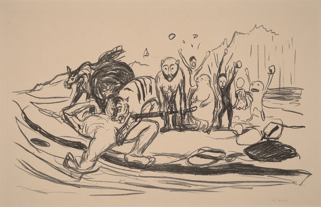 The drawing depicts various animals and abstract figures in a dramatic scene. The animals include a tiger and other fantastical creatures surrounding a figure on the ground. On the right, abstract figures with exaggerated expressions stand together with their arms raised. The background shows a mountainous landscape with lines suggesting water or sky. The composition uses bold, dynamic lines to convey movement and tension.