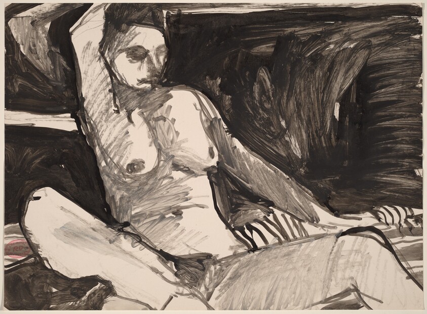 Untitled [female nude seated on striped fabric]