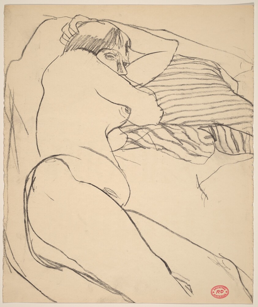 Untitled [reclining female nude with a striped pillow]