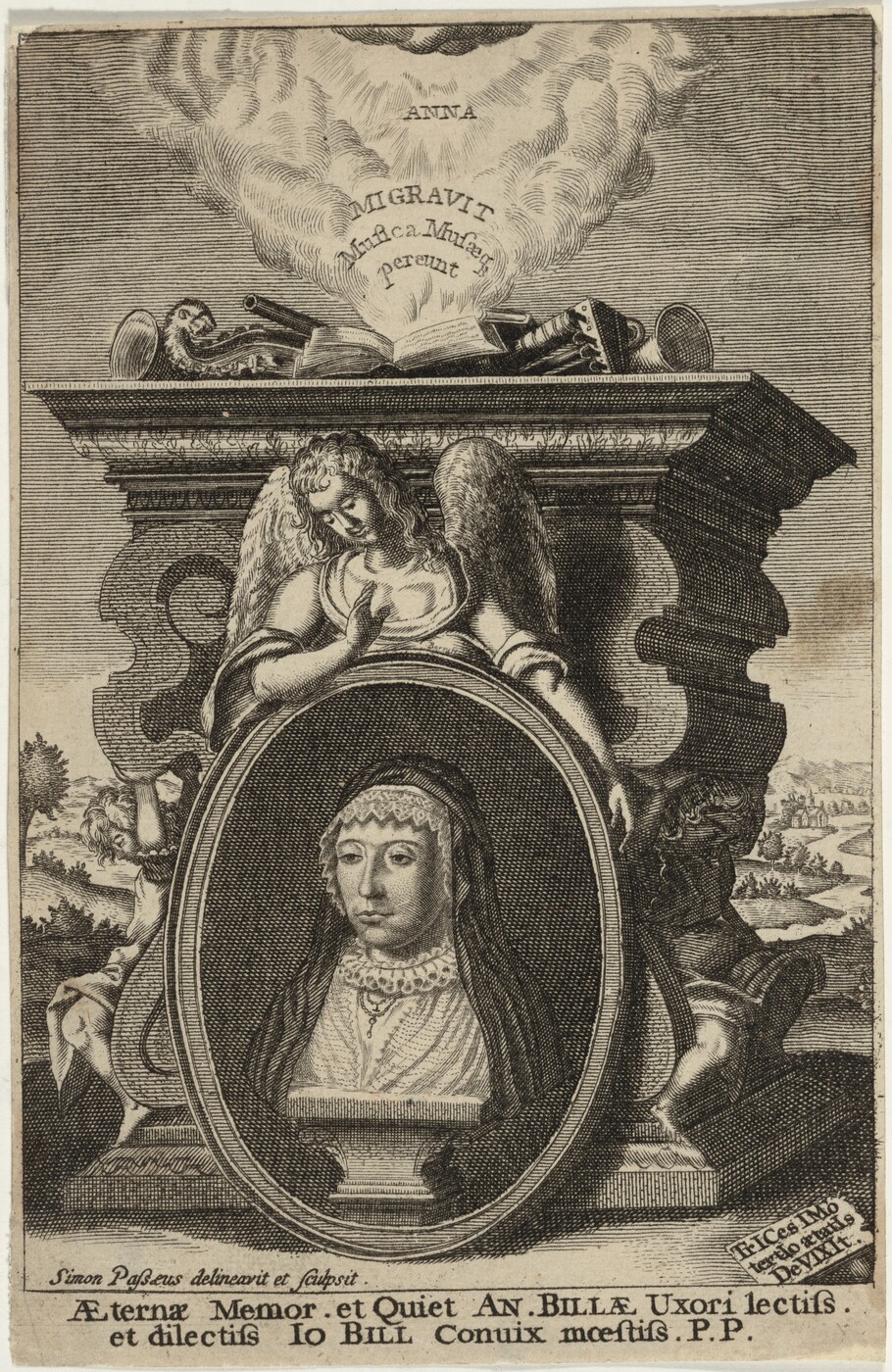 The image is an engraving showing a portrait of a woman in an oval frame, displaying her head and upper chest. She has a composed expression, with delicate facial features and a lace-framed cap covering her hair. She is wearing an Elizabethan-style dress with an intricate lace collar around her neck and a pendant necklace. Above her portrait, an angel with wings is depicted resting its head on its hand, surrounded by architectural motifs and clouds with Latin text. The background features a pastoral landscape with trees and hills, visible on either side of the central architectural structure framing the portrait.