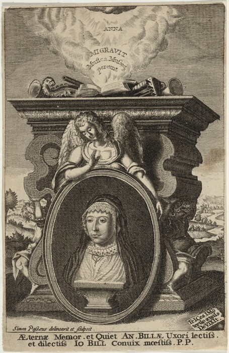 The image is an engraving showing a portrait of a woman in an oval frame, displaying her head and upper chest. She has a composed expression, with delicate facial features and a lace-framed cap covering her hair. She is wearing an Elizabethan-style dress with an intricate lace collar around her neck and a pendant necklace. Above her portrait, an angel with wings is depicted resting its head on its hand, surrounded by architectural motifs and clouds with Latin text. The background features a pastoral landscape with trees and hills, visible on either side of the central architectural structure framing the portrait.