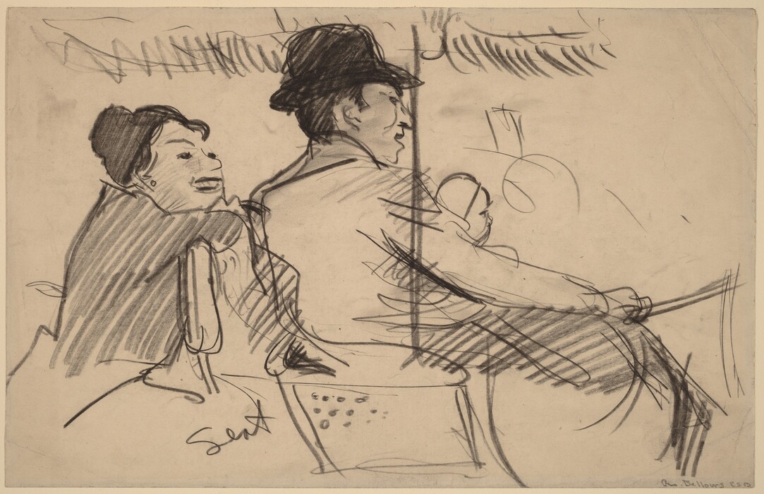 The image depicts a sketch of two people from the side, seated on an object resembling a seat. The view is from behind and to the side, highlighting the upper half of their bodies. The person on the left is in a slightly turned position, leaning forward with a visible smile. They have dark hair styled with a parting. The other person is seated to the right, with their back partially visible. They wear a dark hat and a long coat or jacket. The drawing style is sketch-like, with lines and curves suggesting motion, and the background consists of hatching and minimal linework.
