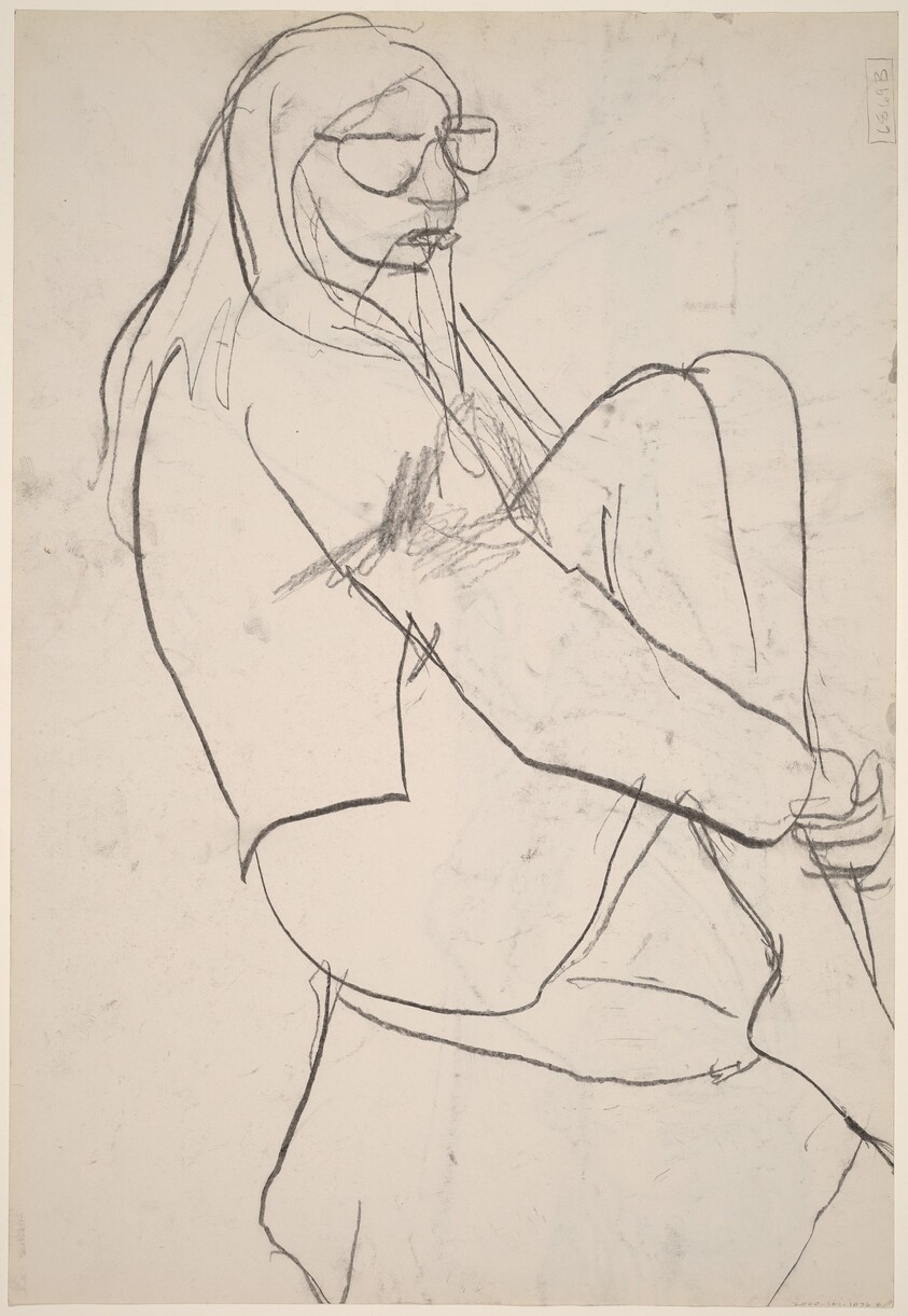 Untitled [seated woman with long hair and glasses] [verso]