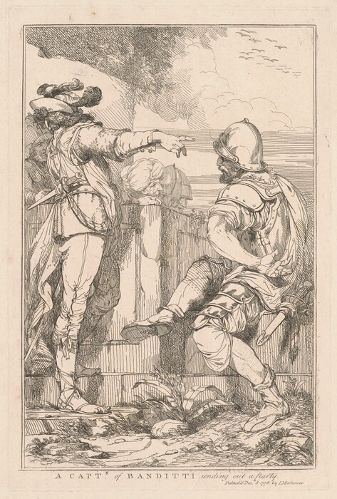 This is a drawing of a knight being directed by a figure in elaborate costume. The scene shows a person in elaborate clothing gesturing toward the horizon while another figure in armor and carrying a sword appears to take action. The two figures are in a rocky landscape with a cloudy sky overhead. The detailed line work shows intricate patterns on their clothing. The composition emphasizes a moment of decision or command. In the background, there is a fence and trees, suggesting an outdoor setting. The cross-hatching technique adds depth and texture to the scene.