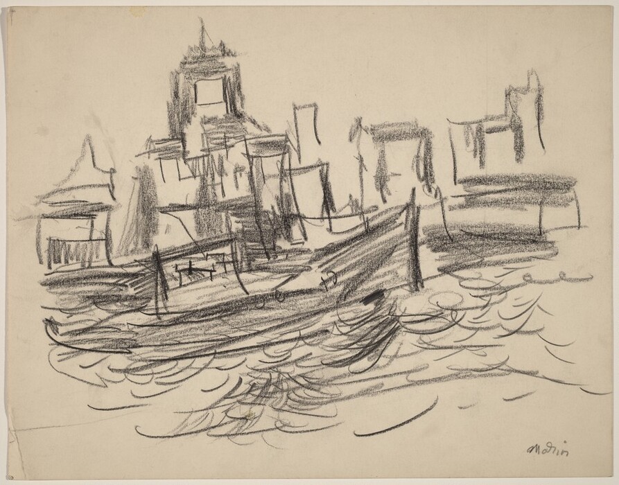 The image displays dynamic lines and irregular shapes forming an abstract waterfront scene. Shapes suggest a dock, boats on water, and buildings in the background. The lines evoke water texture and a harbor silhouette. The sketch is abstract yet familiar, capturing the essence of boats in a cityscape in a minimalist and energetic style.