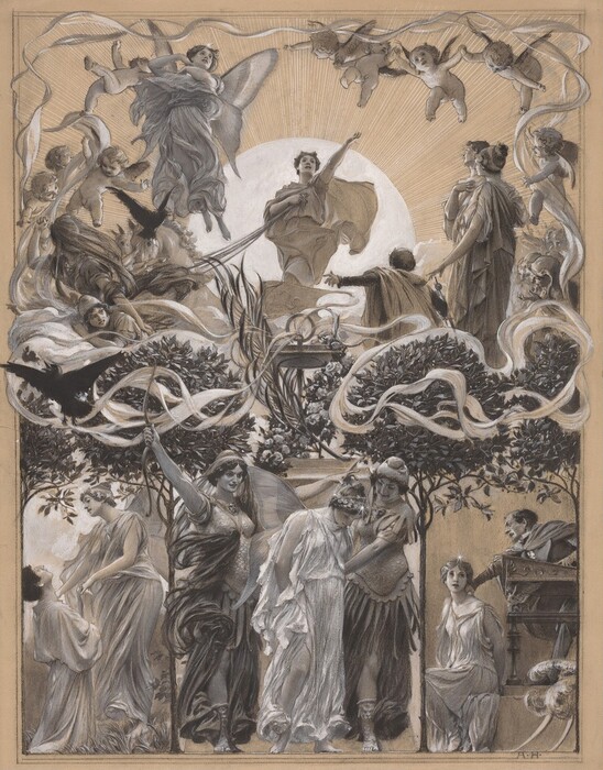 This is a drawing portraying a mythological scene. The detailed composition includes classical elements and mythological figures. Cherubic figures and angelic beings are depicted at the top around a radiant sun. Below them, draped figures gather amidst clouds and greenery. Flowing ribbons create movement throughout the image. The foreground shows figures in classical attire engaged in a celebratory or ritualistic scene, surrounded by ornate trees. There is a balance between the heavenly realm above and the elaborate gathering below, capturing a moment from a mythological narrative.