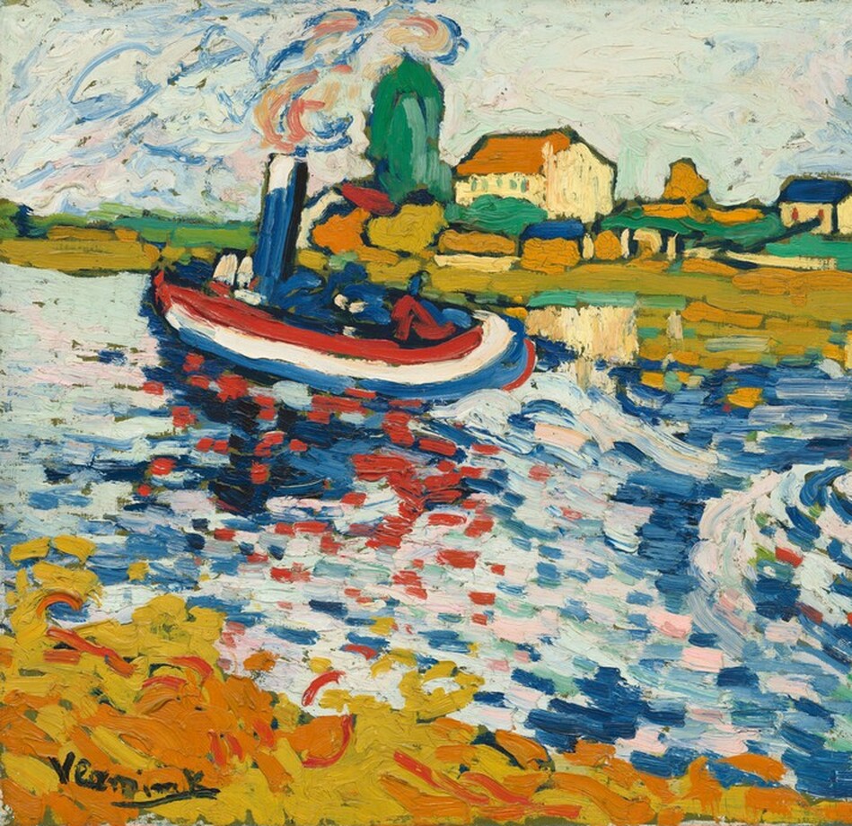 We look across a wide river with buildings lining the opposite bank as two tugboats painted with stripes and strokes of cherry red, white, and cobalt blue steam along from right to left in this stylized, horizontal landscape painting. The paint is loosely and thickly applied throughout. The water is painted with layers of short, horizontal strokes and daubs of ice and royal blue, shell pink, bottle green, and the red, white, and blue of the boats to suggest reflections. One tugboat is just left of center and passes the small village on the opposite bank. Smoke rising from that boat’s stack create eddies of cobalt blue, marigold orange, and petal pink. The bow of a second tug enters from the middle right. The riverbank directly in front of us, in the lower left corner of the composition, is painted with dashes of mustard yellow layered with horizontal strokes of burnt orange. The village on the far side fills the top third of the painting and parallels the river. Its buildings are butter yellow with blue or pumpkin-orange roofs. A few tall, narrow, emerald and avocado-green strokes suggest cypress trees growing amid the village. Horizontal strokes near the river’s edge could be another line of buildings. The building’s reflections are suggested by short, parallel strokes of golden yellow, orange, and green extending into the river. The trees, buildings, and boats are outlined in black. The sky above the village is mint green layered with thick strokes of white, and swirls of azure blue and light pink. The artist signed the painting with black letters in the lower left corner, “Vlaminck.”