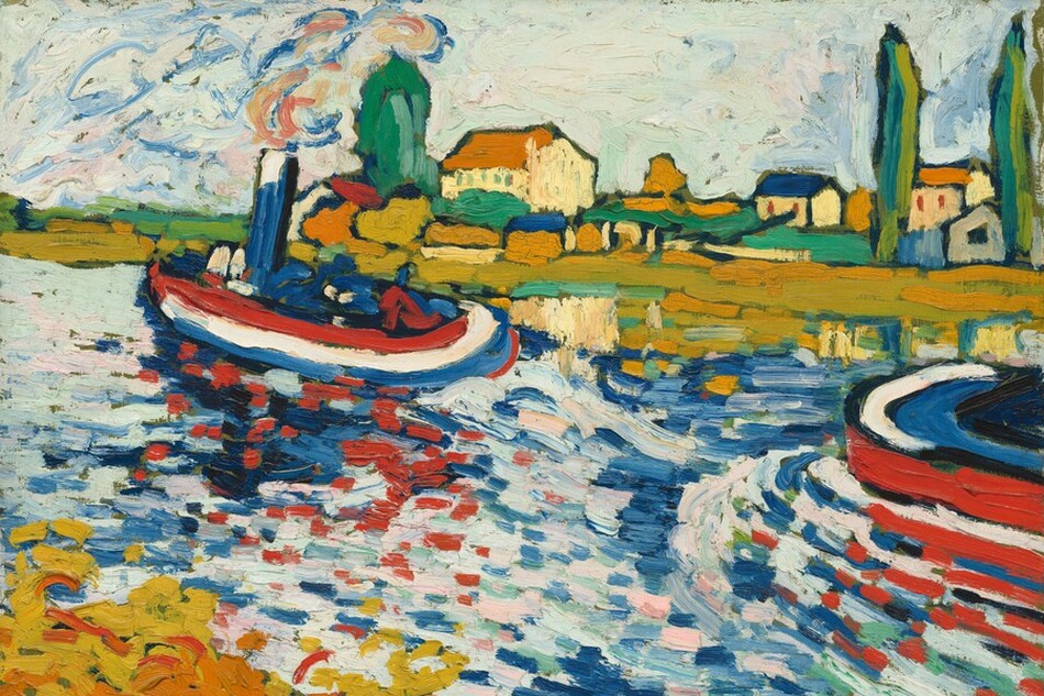 We look across a wide river with buildings lining the opposite bank as two tugboats painted with stripes and strokes of cherry red, white, and cobalt blue steam along from right to left in this stylized, horizontal landscape painting. The paint is loosely and thickly applied throughout. The water is painted with layers of short, horizontal strokes and daubs of ice and royal blue, shell pink, bottle green, and the red, white, and blue of the boats to suggest reflections. One tugboat is just left of center and passes the small village on the opposite bank. Smoke rising from that boat’s stack create eddies of cobalt blue, marigold orange, and petal pink. The bow of a second tug enters from the middle right. The riverbank directly in front of us, in the lower left corner of the composition, is painted with dashes of mustard yellow layered with horizontal strokes of burnt orange. The village on the far side fills the top third of the painting and parallels the river. Its buildings are butter yellow with blue or pumpkin-orange roofs. A few tall, narrow, emerald and avocado-green strokes suggest cypress trees growing amid the village. Horizontal strokes near the river’s edge could be another line of buildings. The building’s reflections are suggested by short, parallel strokes of golden yellow, orange, and green extending into the river. The trees, buildings, and boats are outlined in black. The sky above the village is mint green layered with thick strokes of white, and swirls of azure blue and light pink. The artist signed the painting with black letters in the lower left corner, “Vlaminck.”