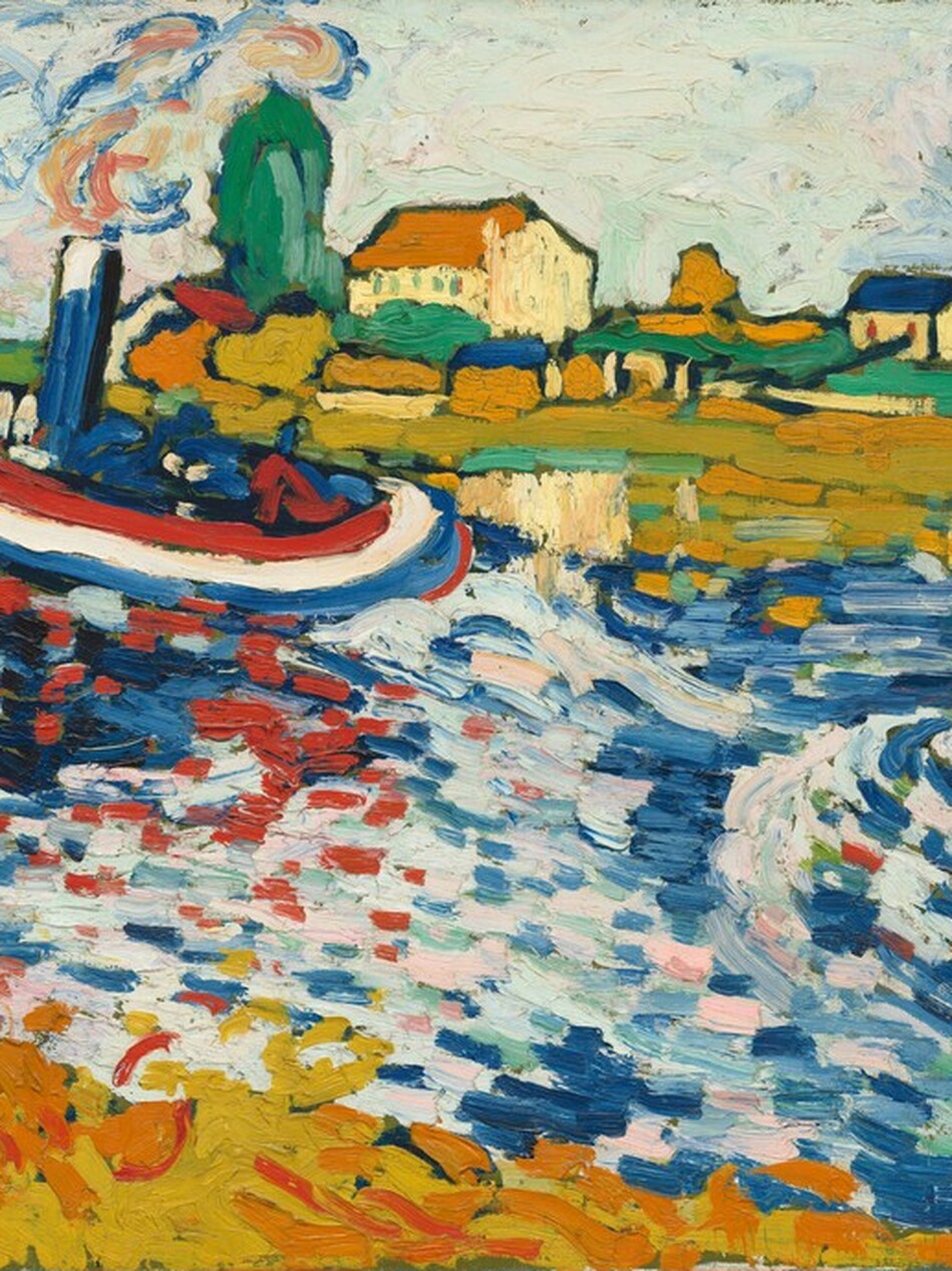 We look across a wide river with buildings lining the opposite bank as two tugboats painted with stripes and strokes of cherry red, white, and cobalt blue steam along from right to left in this stylized, horizontal landscape painting. The paint is loosely and thickly applied throughout. The water is painted with layers of short, horizontal strokes and daubs of ice and royal blue, shell pink, bottle green, and the red, white, and blue of the boats to suggest reflections. One tugboat is just left of center and passes the small village on the opposite bank. Smoke rising from that boat’s stack create eddies of cobalt blue, marigold orange, and petal pink. The bow of a second tug enters from the middle right. The riverbank directly in front of us, in the lower left corner of the composition, is painted with dashes of mustard yellow layered with horizontal strokes of burnt orange. The village on the far side fills the top third of the painting and parallels the river. Its buildings are butter yellow with blue or pumpkin-orange roofs. A few tall, narrow, emerald and avocado-green strokes suggest cypress trees growing amid the village. Horizontal strokes near the river’s edge could be another line of buildings. The building’s reflections are suggested by short, parallel strokes of golden yellow, orange, and green extending into the river. The trees, buildings, and boats are outlined in black. The sky above the village is mint green layered with thick strokes of white, and swirls of azure blue and light pink. The artist signed the painting with black letters in the lower left corner, “Vlaminck.”