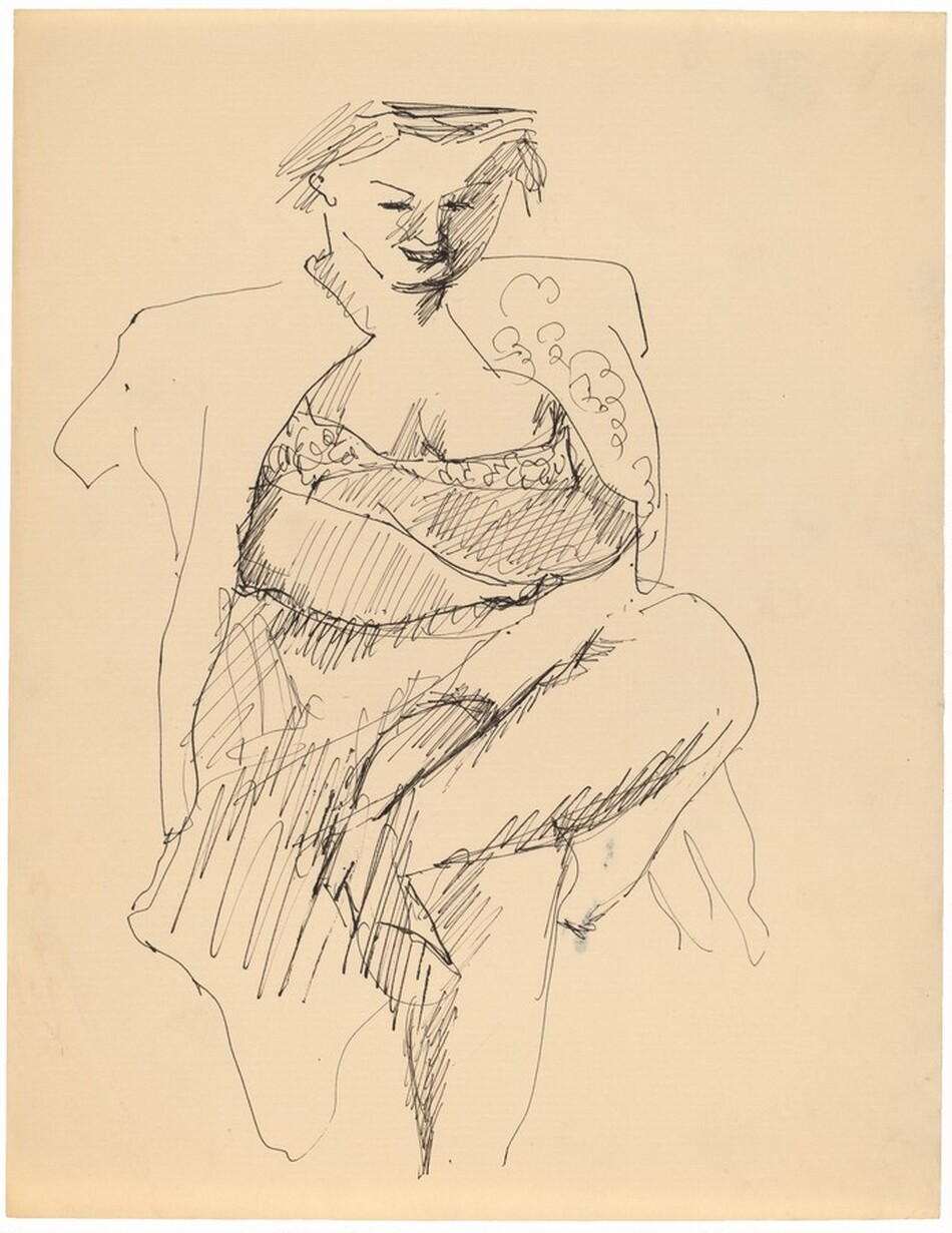 The image is a drawing of a person sitting, with one leg crossed over the other. The person has closed eyes and a relaxed expression, and is wearing a patterned garment. The background is plain.