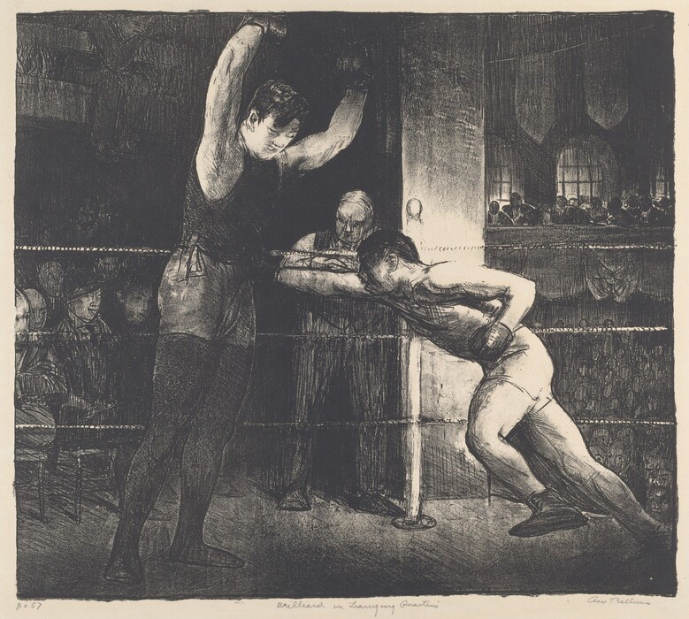 Two muscular men compete in a boxing ring as a crowd looks on from the shadows in this black and white, nearly square lithograph. The fighter on our left stands upright with both arms raised as he tilts his hips backward. The fighter on our right crouches and lunges at his opponent with one arm fully extended toward the first man’s stomach. Both men wear tank tops, shorts, laced shoes, and boxing gloves. The man on our left has dark clothing while the man on our right is brighter. An older, stout man stands with his arms crossed, watching the action from under his eyebrows just on the other side of the boxing ring ropes. The crowd filling the background is nearly lost in shadow but some leering faces emerge from the dark.