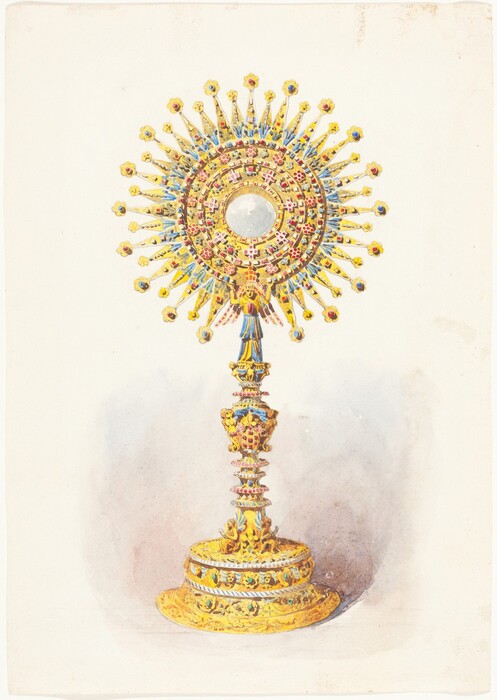 The image shows an ornate, golden object with a circular, starburst design and a central glass or crystal element, supported by a detailed pedestal. The color palette includes gold, blue, red, green, and purple. The object is centrally positioned against a plain, light background.