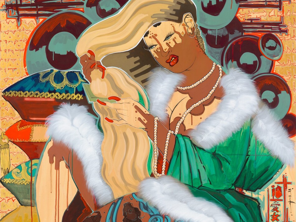 A woman sitting on a floor with her body angled to our left nearly fills this stylized, vertical painting. Her skin is light tan in some areas, as around her eyes, chest, one hand, and the leg and foot we can see, while what seems like brown paint creeps up her neck to drip upward around her cheeks and onto her forehead. The brown also drips down onto her cleavage, along one arm toward her wrist, and down the shin of her leg. Her right hand, on our left, is entirely brown. She holds her long hair up over her head with her brown hand in front of her face, looking at it with blue eyes and touching it with the other hand. Her hair is blond with dark roots at her scalp, created with long, parallel brushstrokes. Her long nails and curling lips are scarlet red. She wears an emerald-green robe trimmed with white fur and a long strand of pearls that drape over her left arm, closer to us. She sits on a cushion decorated with brown koi fish and stylized blue waves of water, but the exact arrangement of her legs is unclear. A stack of patterned pillows is piled behind her to our left, and comes up to her shoulder. Red circular forms behind her head are painted slate blue with deep brown shadows and red highlights. The words “BACK AND FORTH” are repeated in rows, written in capital yellow letters edged with red, filling the background. Two Japanese characters are painted in red near the lower right corner.