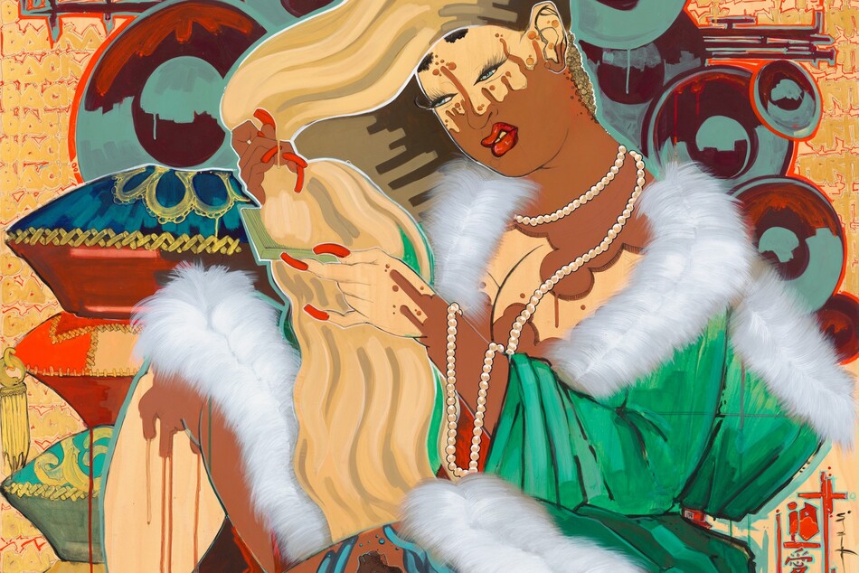 A woman sitting on a floor with her body angled to our left nearly fills this stylized, vertical painting. Her skin is light tan in some areas, as around her eyes, chest, one hand, and the leg and foot we can see, while what seems like brown paint creeps up her neck to drip upward around her cheeks and onto her forehead. The brown also drips down onto her cleavage, along one arm toward her wrist, and down the shin of her leg. Her right hand, on our left, is entirely brown. She holds her long hair up over her head with her brown hand in front of her face, looking at it with blue eyes and touching it with the other hand. Her hair is blond with dark roots at her scalp, created with long, parallel brushstrokes. Her long nails and curling lips are scarlet red. She wears an emerald-green robe trimmed with white fur and a long strand of pearls that drape over her left arm, closer to us. She sits on a cushion decorated with brown koi fish and stylized blue waves of water, but the exact arrangement of her legs is unclear. A stack of patterned pillows is piled behind her to our left, and comes up to her shoulder. Red circular forms behind her head are painted slate blue with deep brown shadows and red highlights. The words “BACK AND FORTH” are repeated in rows, written in capital yellow letters edged with red, filling the background. Two Japanese characters are painted in red near the lower right corner.