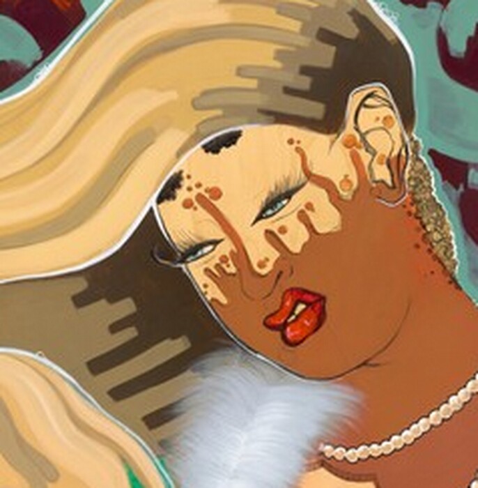 A woman sitting on a floor with her body angled to our left nearly fills this stylized, vertical painting. Her skin is light tan in some areas, as around her eyes, chest, one hand, and the leg and foot we can see, while what seems like brown paint creeps up her neck to drip upward around her cheeks and onto her forehead. The brown also drips down onto her cleavage, along one arm toward her wrist, and down the shin of her leg. Her right hand, on our left, is entirely brown. She holds her long hair up over her head with her brown hand in front of her face, looking at it with blue eyes and touching it with the other hand. Her hair is blond with dark roots at her scalp, created with long, parallel brushstrokes. Her long nails and curling lips are scarlet red. She wears an emerald-green robe trimmed with white fur and a long strand of pearls that drape over her left arm, closer to us. She sits on a cushion decorated with brown koi fish and stylized blue waves of water, but the exact arrangement of her legs is unclear. A stack of patterned pillows is piled behind her to our left, and comes up to her shoulder. Red circular forms behind her head are painted slate blue with deep brown shadows and red highlights. The words “BACK AND FORTH” are repeated in rows, written in capital yellow letters edged with red, filling the background. Two Japanese characters are painted in red near the lower right corner.