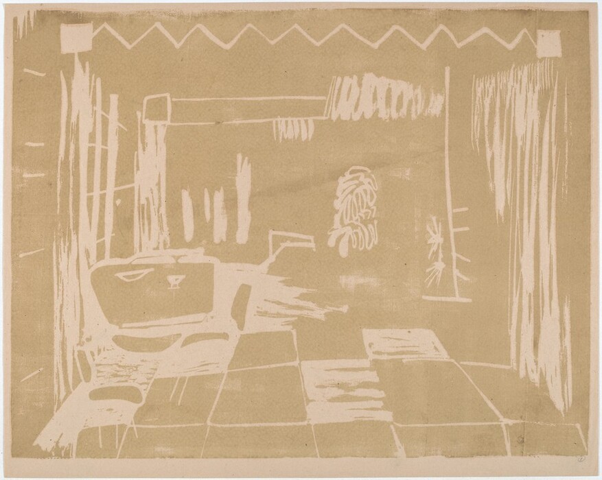 The image displays white lines and shapes on a tan background. Jagged lines are at the top and a rectangular block is in the foreground with a grid pattern. It could be interpreted as a bathtub and bathroom setting, with a mirrored reflection and a small goblet-like shape present. Vertical lines resemble window frames and panels.