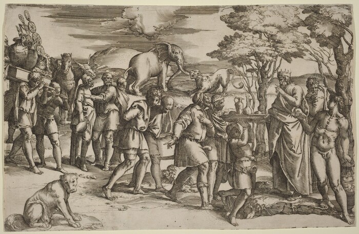 This is a drawing of a scene with various figures and animals engaged in different activities. Some figures are carrying objects, and there is a focus on an elephant and a lion on an elevated surface. In the foreground, a dog is seated, while the background shows trees. The artwork features intricate line work and shading, creating a dynamic atmosphere. The figures, animals, and objects are depicted in motion, capturing a frozen moment in time.