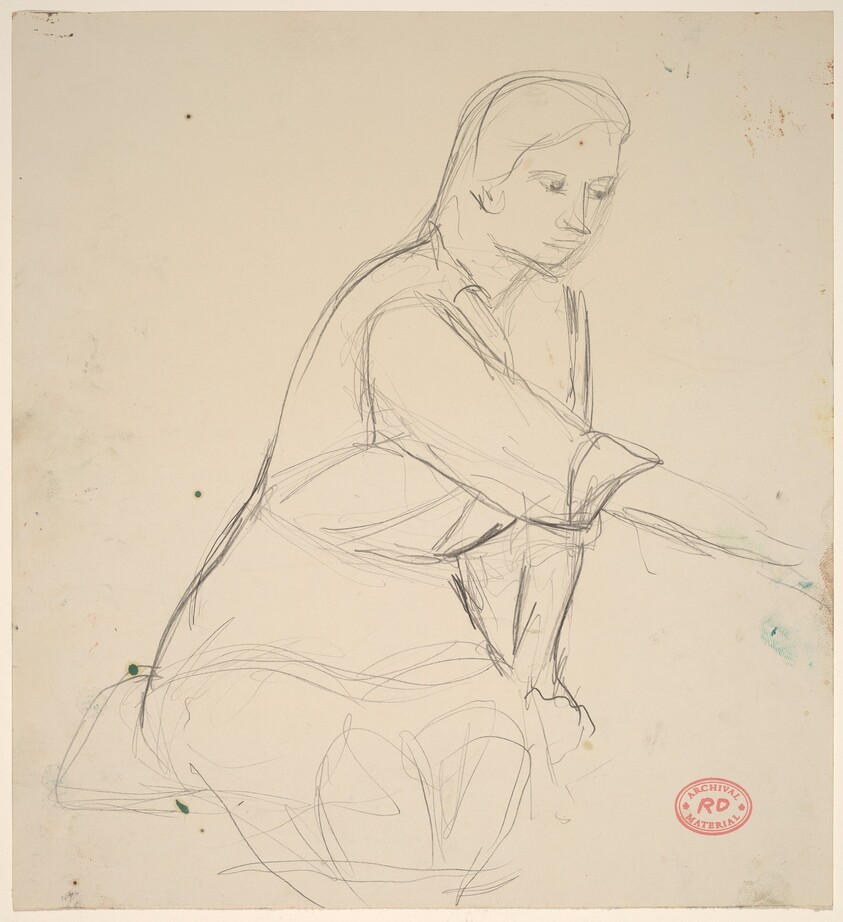 Untitled [seated woman extending right arm]
