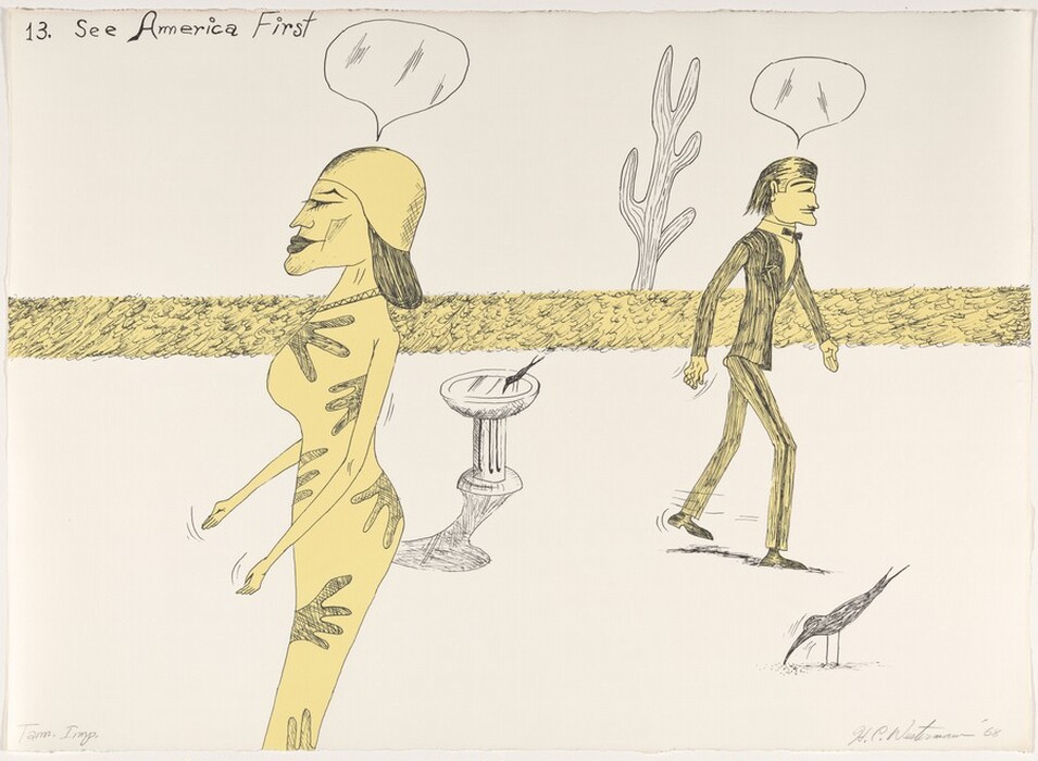The image features elongated, stylized figures of a woman and a man against a textured backdrop. The woman wears a yellow dress with handprint-like patterns, while the man wears a suit. Their speech bubbles are empty. A leafless, cactus-like tree and a bird with a long beak are in the background. A birdbath-like structure stands beside the woman.