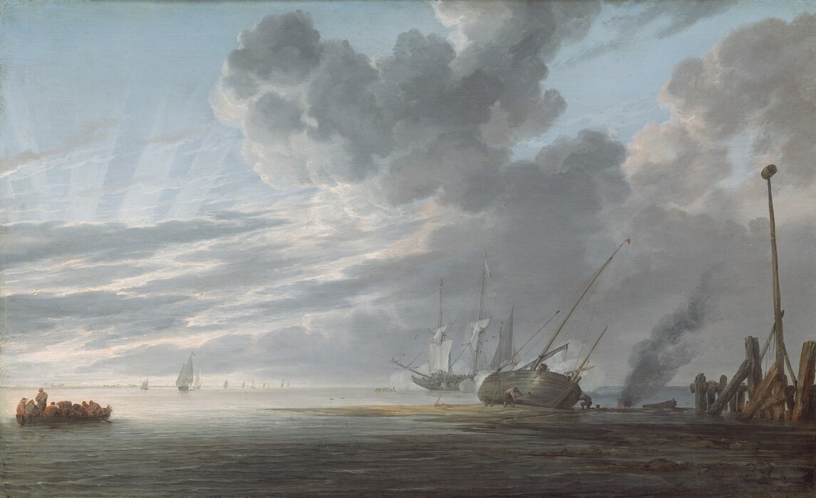 Clouds surge across a steel-blue sky over a gently rippling body of water in this horizontal landscape painting. The horizon comes a quarter of the way up the composition and the water in the bottom quarter is painted with shades of slate blue and gray with pearl-white highlights where the low sun skims across the surface. A rowboat to the left is piled with barrels and six men. A masted sailboat is moored on a sandbar to the right, leaning sharply away from us as three men tend to the hull. Dark gray smoke billows from a flickering orange flame under a long-legged pot farther back on the sandbar. A pier-like structure constructed with thick, weathered logs juts out of the water along the right edge of the composition. One long pole with a barrel impaled on the end reaches more than halfway up the painting. White smoke curls around a three-masted ship farther out in the water, beyond the sandbar, and at least nine sails dot the distant horizon to the left. Sunlight streaks vertically from behind a screen of clouds in the top left corner of the composition, and puffy, pale gray clouds pile against a pale blue sky in the right two-thirds of the painting.