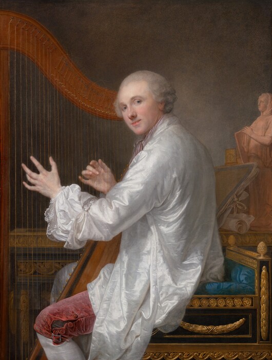 A pale-skinned man sits facing our left as he plays a harp while turning his face to smile at us in this vertical portrait painting. He looks out the corners of his light blue eyes under arched, gray brows. He has a rounded nose, pale pink lips, and a round face. Gray hair is brushed back from his high forehead and curls around his ears. His long fingers rest on the strings of the harp, and the ends of strings curl like wind-loosened strands of hair along the top edge. The man wears a pale mauve-purple cravat, and his snow-white, long-sleeved chemise is untucked and loose around his thighs. The cuff we see is open and folded back over a bright white shirt edged with lace. His dusky rose-pink breeches are unbuttoned at the knee over white stockings. The square-seated chair on which he sits is carved with garlands and floral patterns, which are gilded gold. The seat itself is topaz blue, and it has a low back. A similarly ornamented and gilded table along the back of the room holds a portfolio and roll of papers, the tooled and gilded spines of books, and a statuette to the right. The pale pinkish-orange statuette shows a woman holding a tablet and wearing a long, loose robe and head covering. Her body angles to our left and she looks off in that direction. The wall behind the table is mottled with smoky shades of gray and tan.