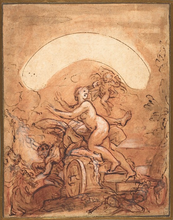 This is a painting of an allegorical scene featuring two figures. The composition is energetic, with sweeping lines and a sense of motion. The painting is done in sepia tones with loose, cursive lines. The figures are surrounded by swirling shapes and partial impressions of elements.