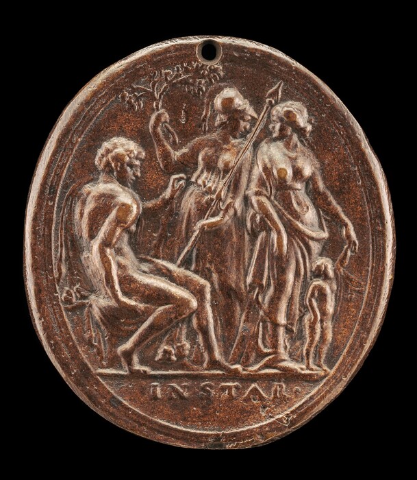 The sculpture is a circular relief medallion featuring three figures. One figure is seated on the left, while the other two are standing, with one holding a staff. The standing figures wear flowing garments. A smaller figure is also visible at the bottom right. The medallion is dark brown with a glossy finish, likely made of bronze. It is intricately detailed with naturalistic features and has a raised border. At the top, there is a hole for hanging, and the word "INSTAR" is inscribed at the bottom. The sculpture is against a black background.