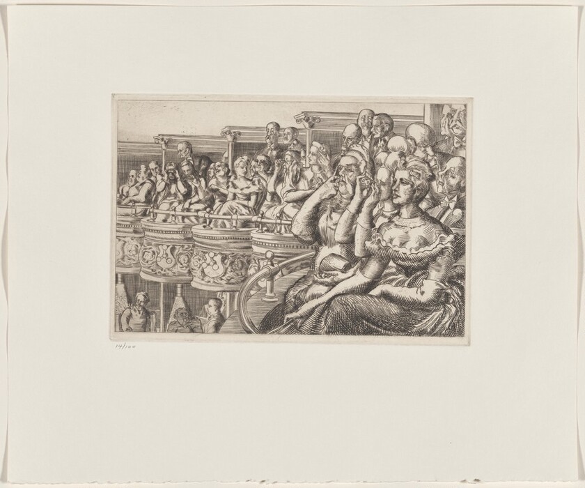 The image is an etching depicting a scene at an opera or theater. The focus is on a group of people seated in the foreground, looking towards the stage. Their facial expressions are detailed, showing interest and attention. The individuals have various hairstyles and are dressed formally. The seating area is ornate, with decorative elements. In the background, more audience members are seated in a tiered balcony. The scene conveys opulence and a social gathering.