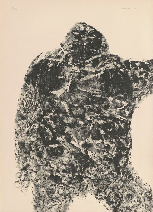 The image shows abstract shapes creating a textured silhouette against a plain background. The dark, mottled forms resemble a rough surface.