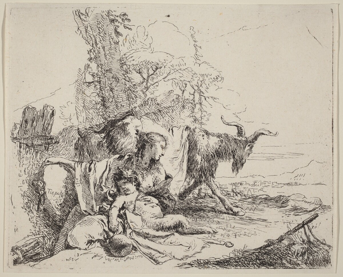 Woman, Satyr Child, and Goat in a Landscape