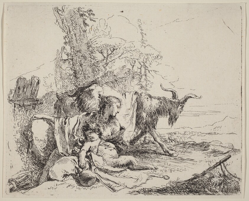Woman, Satyr Child, and Goat in a Landscape