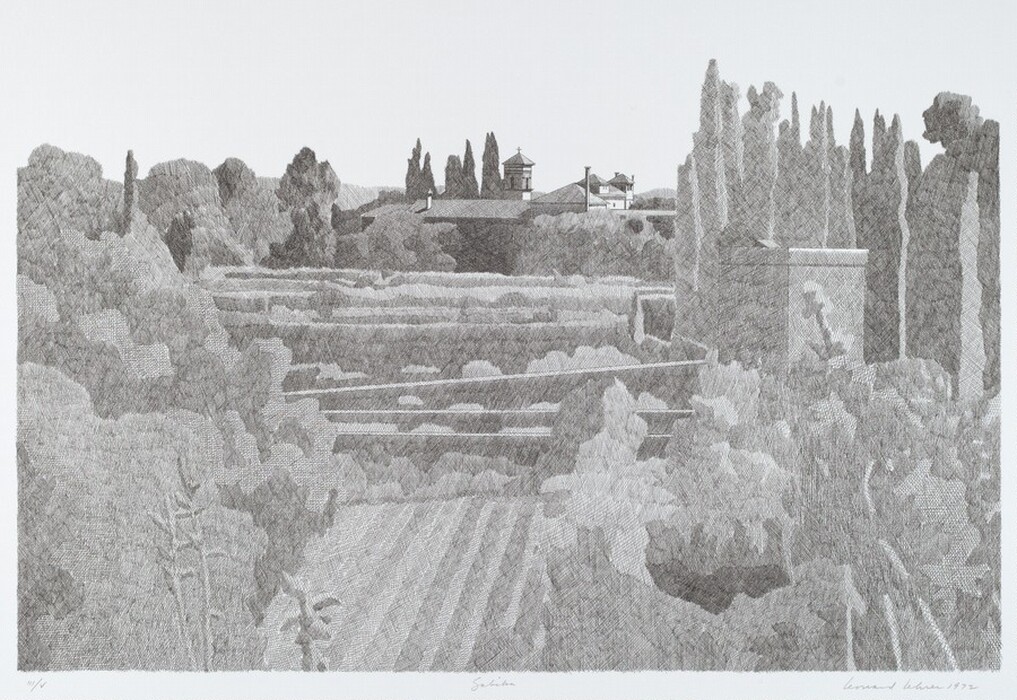The image features a monochromatic landscape viewed from an elevated position, potentially on a hillside, looking down upon trees, fields, and a structure with a bell tower in the distance. The horizon is positioned toward the upper third of the image, where a cluster of buildings rests. The brushstrokes resemble fine, cross-hatched lines, creating texture and depth. The color palette is grayscale, with a range of light to dark tones. Detailed patterns of foliage and man-made structures lead the eye toward orderly planted fields. Slender, upright trees frame the right side of the piece.