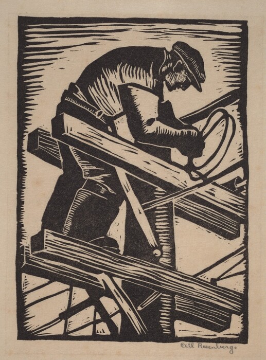 This is an image of a worker using a saw. The drawing depicts a person sawing through a piece of wood on a framework of beams. The artist uses strong lines and contrasts of black and beige to emphasize the texture and material of the wood. The style is reminiscent of early 20th-century woodcuts, highlighting manual labor and printmaking craftsmanship.